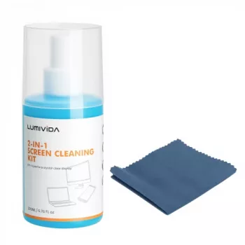 LUMIVIDA HS084912 Ekrano valymo rinkinys – 200 ml bekvapis purškiklis be alkoholio, 20x20 cm mikropluošto šluostė ir minkštas šepetėlis, skirtas LCD, LED, OLED, plazminiams, nešiojamiesiems kompiuteriams, monitoriams, išmaniesiems telefonams, planšetėms, 