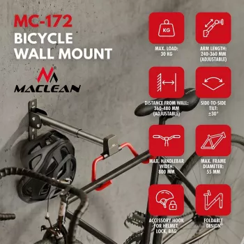 MACLEAN MC-172 Horizontalus sieninis dviračio laikiklis, plieninis, 30 kg apkrova, reguliuojamas kampas, sulankstomas, juodas