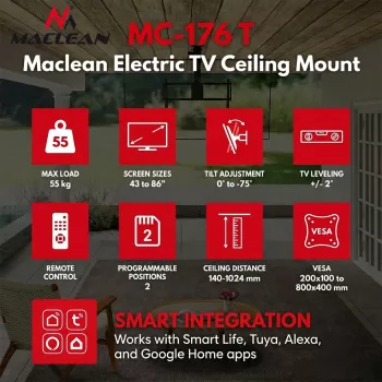 Maclean MC-176 T elektrinis lubinis TV laikiklis su Tuya išmaniuoju valdymu, VESA 200x200 iki 800x400, 43-86 colių televizoriams, 55 kg apkrova, juodas