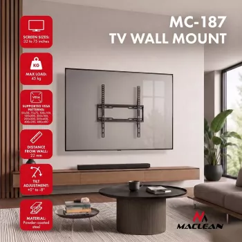 MACLEAN MC-187 Pakreipiamas TV laikiklis prie sienos, skirtas 32–75 colių ekranams, VESA iki 400x400, 45 kg, juodas