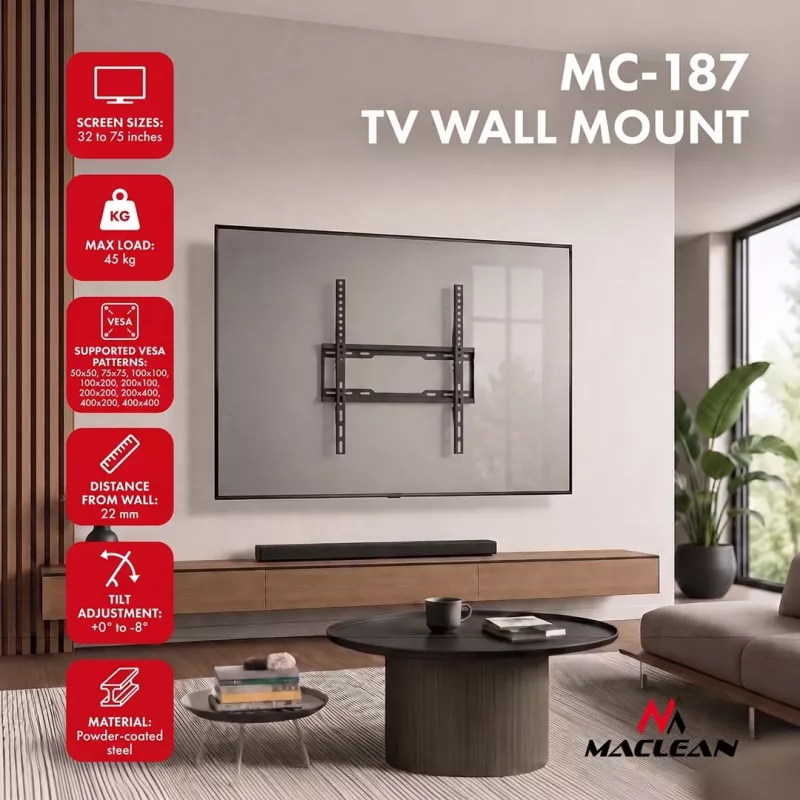 MACLEAN MC-187 Pakreipiamas TV laikiklis prie sienos, skirtas 32–75 colių ekranams, VESA iki 400x400, 45 kg, juodas