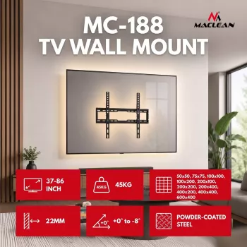 MACLEAN MC-188 TV sieninis laikiklis, max VESA 600x400, 37-86 col., iki 45 kg, juodas, pakreipimas 0°–8°