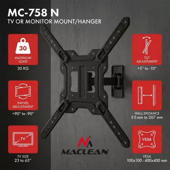 Maclean MC-758 N Fiksuotas sieninis laikiklis 23-65 colių televizoriams ir monitoriams, 30 kg, VESA 400x400, juodas