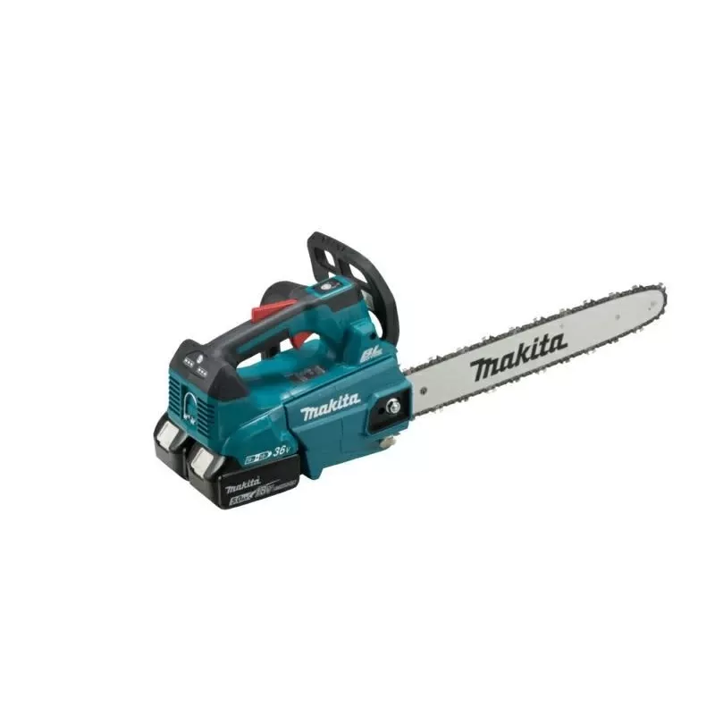 Makita DUC406PT2B 36V belaidis viršutinės rankenos grandininis pjūklas 40 cm (16 inch) su 2x 5,0 Ah baterijomis ir dvigubu įkrovikliu