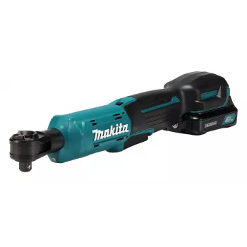 Makita WR100DSA 12V CXT belaidis reketinis veržliaraktis su komplektu, 1/4 colio ir 3/8 colio pavara, 47,5 Nm, 2,0 Ah baterija, įkroviklis, LED apšvietimas