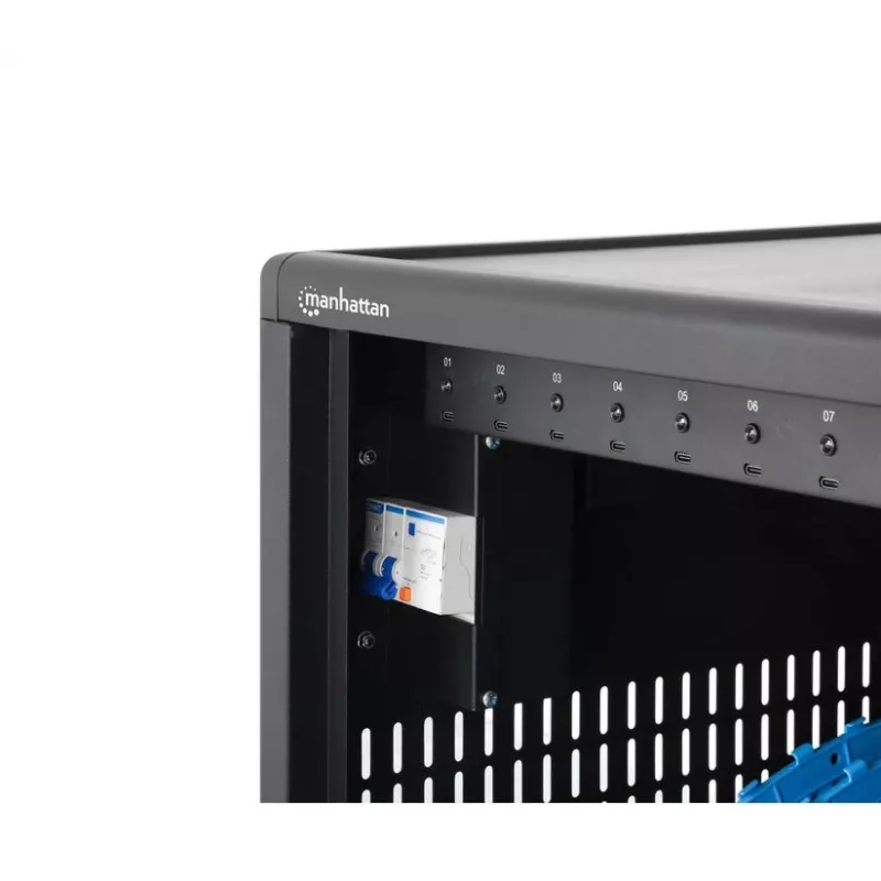 Manhattan 12-Bay USB-C nešiojamųjų kompiuterių įkrovimo spinta ant ratukų, 65W vienam prievadui, 780W bendra galia, plienas, juoda, JK ir ES laidai, 395x32,5x290 mm skyriai