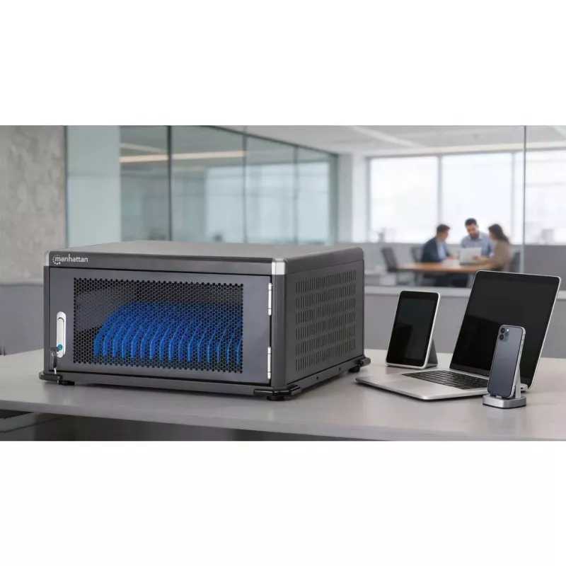 Manhattan 20-Bay nešiojamųjų kompiuterių įkrovimo spinta su AC adapterių laikymu, užrakinama, juoda