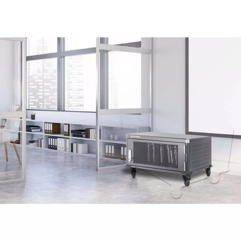 Manhattan 20-Bay nešiojamųjų kompiuterių įkrovimo spinta su AC adapterių laikymu, užrakinama, juoda