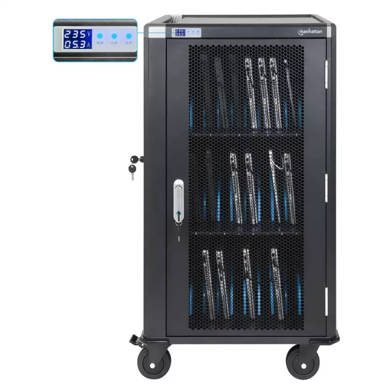 Manhattan 30-Bay nešiojamųjų kompiuterių įkrovimo spinta/vežimėlis per AC adapterį (ES) - užrakinama plieninė spinta, 220-240V, 2300W, CEE 7/7 kištukas, 3m laidas, 4 ratukai