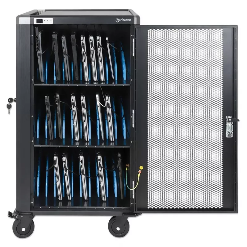 Manhattan 30-Bay nešiojamųjų kompiuterių įkrovimo spinta/vežimėlis per AC adapterį (ES) - užrakinama plieninė spinta, 220-240V, 2300W, CEE 7/7 kištukas, 3m laidas, 4 ratukai
