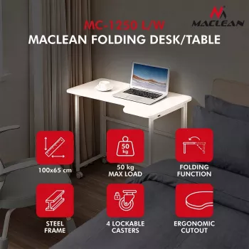 MCN Maclean sulankstomas stalas L formos baltas 100x65 cm mobilus su fiksuojamais ratukais MC-1250 L/W
