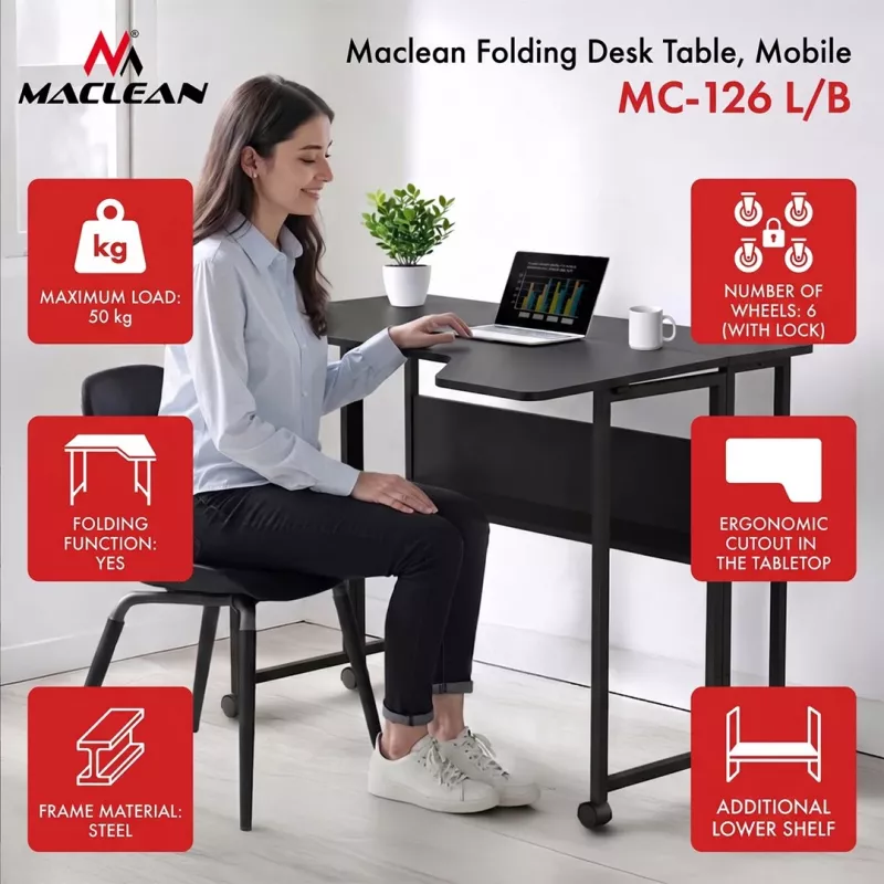 MCN Maclean sulankstomas stalas, juodas, mobilus, 100x73 cm, max. 50 kg, kampinis, L formos, MC-126 L/B