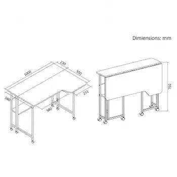 MCN Maclean sulankstomas stalas, juodas, mobilus, 100x73 cm, max. 50 kg, kampinis, L formos, MC-126 L/B
