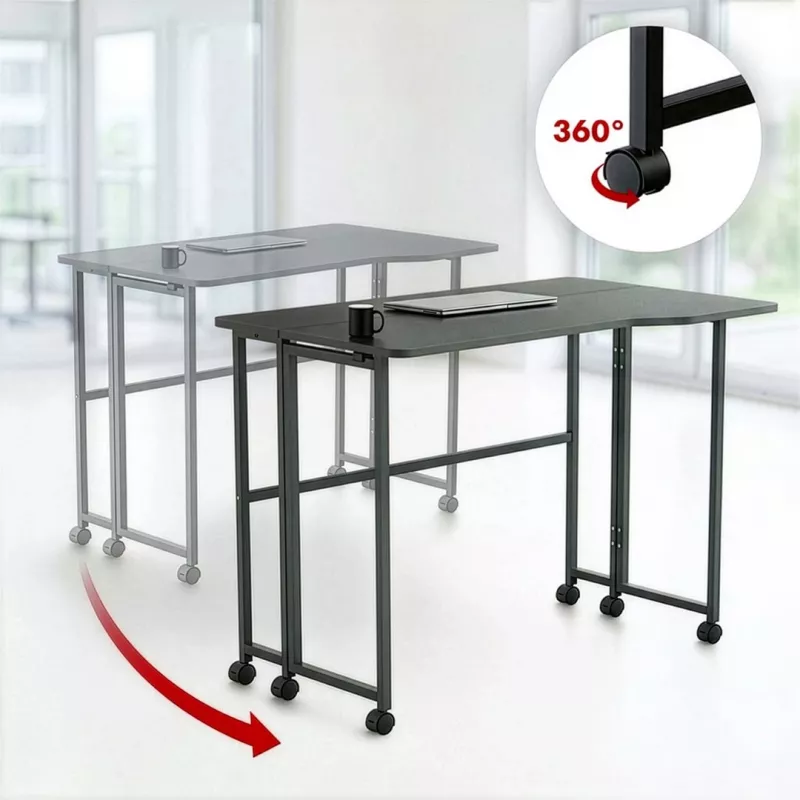MCN Maclean Sulankstomas L formos kampinis stalas MC-1250 L/B, juodas, mobilus, 100x65 cm, max 50 kg
