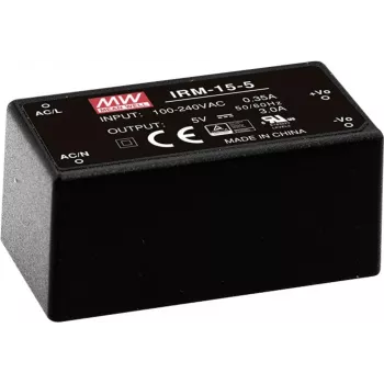 MEAN WELL IRM-15-5 15W 5V 3A hermetizuotas PCB montuojamas maitinimo šaltinis, 85-264VAC įėjimas, juodas