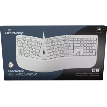 MediaRange MROS272 ergonomiška laidinė klaviatūra, skeltas dizainas, 124 klavišai, integruotas slinkties ratukas, balta