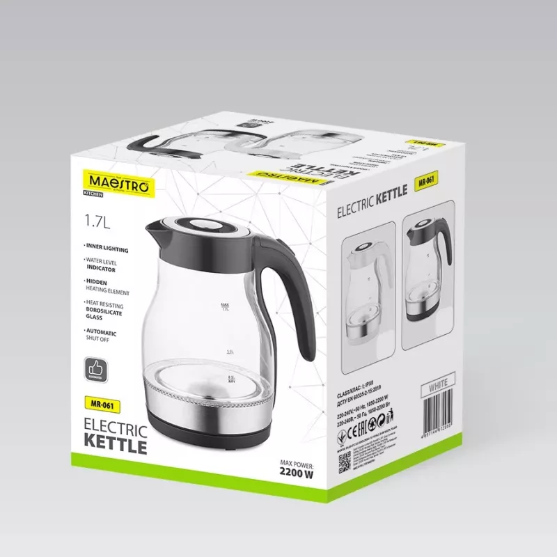 MEO stiklinis elektrinis virdulys 2200 W 1,7 l juodas MR-061-BLACK MAESTRO