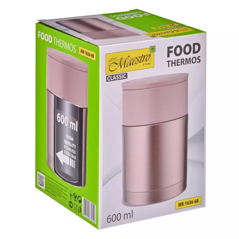 MEO MAESTRO MR-1636-60 600 ml dvigubų sienelių vakuuminis nerūdijančio plieno maisto termosas su 2 indeliais ir sulankstomu šaukštu