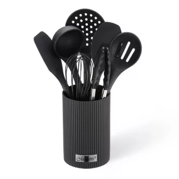 MEO MR-1542-BLACK MAESTRO 8 dalių virtuvės įrankių rinkinys su besisukančiu nerūdijančio plieno stovu, juodos nailono galvutės