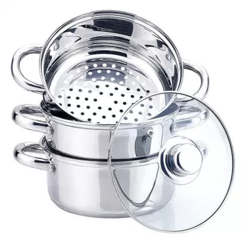 MEO nerūdijančio plieno garų puodas 2L, 18 cm skersmens, su grūdinto stiklo dangčiu, tinkamas indukcijai MR-2900-18