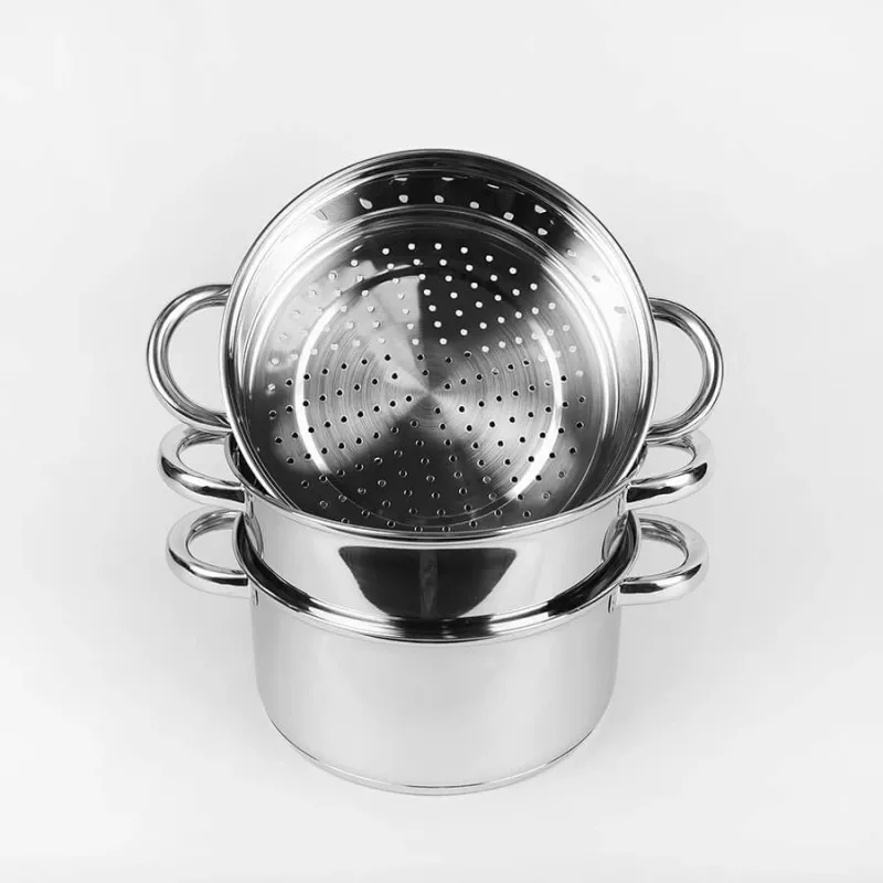 MEO nerūdijančio plieno garų puodų rinkinys 4L, 22 cm, 3 pakopų, tinka indukcinėms viryklėms, sidabrinis MR-2900-22