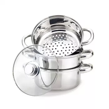 MEO nerūdijančio plieno garų puodų rinkinys 4L, 22 cm, 3 pakopų, tinka indukcinėms viryklėms, sidabrinis MR-2900-22