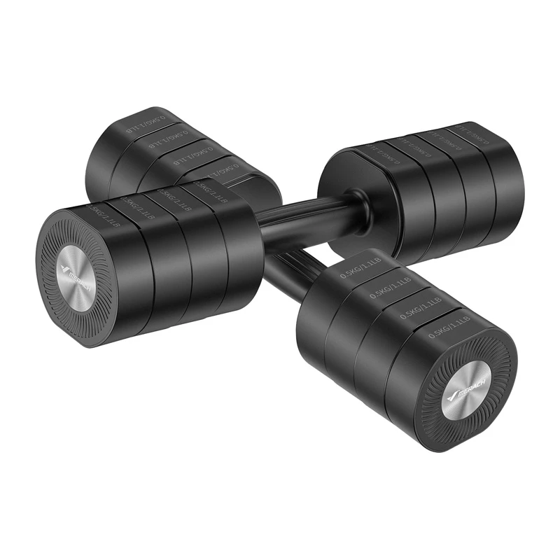 MERACH MR-2444 Reguliuojami hanteliai (2 vnt. rinkinys) - 2,5-24 kg, 15 nustatymų, sukamoji rankenėlė, juoda/raudona