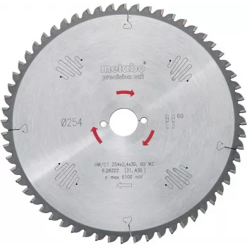 Metabo 628222000 Precision Cut Classic diskinis pjūklo geležtė 254x30x2,4mm, 60 dantų, FZ/TR, neigiamas kampas, skirta KS 254 Plus, KGS 254 M, KGS 254 Plus, KGS 254 I Plus
