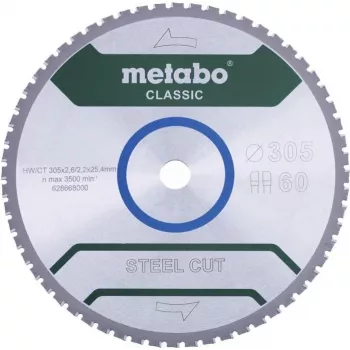 Metabo STEEL CUT CLASSIC diskinis pjūklas 305 x 25,4 x 2,2 mm, 60 dantų, volframo karbidas TCG, neigiamas kampas, skirta sausam plieno pjovimui 628668000