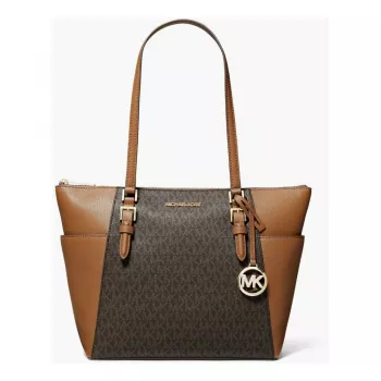 Michael Kors Carmen moteriškas petnešų krepšys - ruda Saffiano oda su aukso spalvos apkaustais (25x28x11 cm)