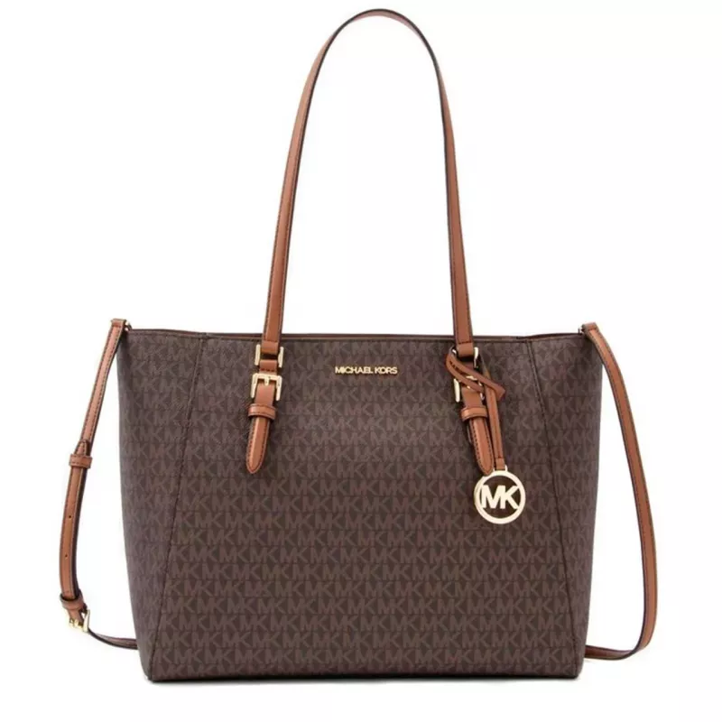 Michael Kors Jet Set Travel Saffiano Leather Tote Bag - Moteriškas rudas tote su aukso spalvos detalėmis (42x28x10 cm)