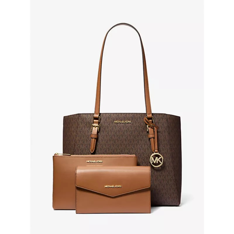 Michael Kors Jet Set Travel Saffiano Leather Tote Bag - Moteriškas rudas tote su aukso spalvos detalėmis (42x28x10 cm)