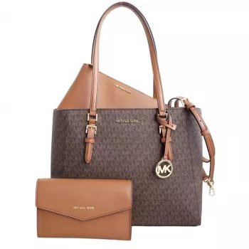 Michael Kors Jet Set Travel Saffiano Leather Tote Bag - Moteriškas rudas tote su aukso spalvos detalėmis (42x28x10 cm)