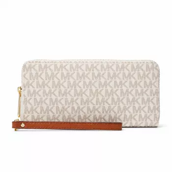Michael Kors Moteriška kelioninė trifold piniginė iš firminio dengto drobės audinio, aukso spalvos apkaustai - 35F8GTVT3BVNL