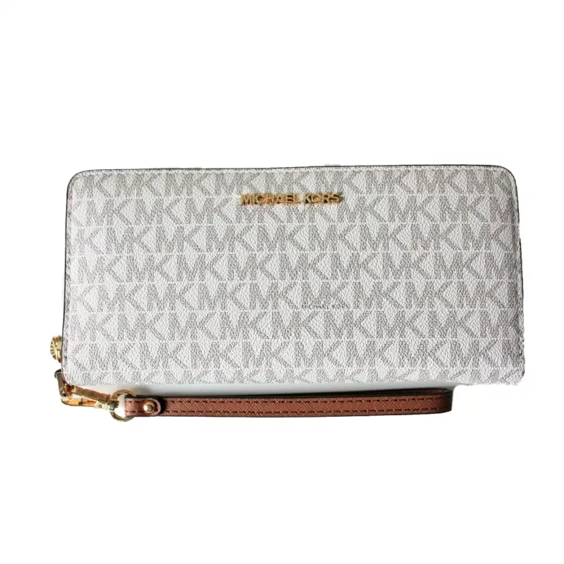 Michael Kors Moteriška kelioninė trifold piniginė iš firminio dengto drobės audinio, aukso spalvos apkaustai - 35F8GTVT3BVNL