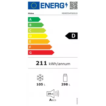 Midea MDRE554FGD01D Įmontuojamas kombinuotas šaldytuvas, No Frost, 403 L, Baltas, Energijos klasė D