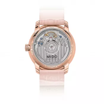 MIDO Baroncelli III Lady automatinis laikrodis 33mm rožinio aukso PVD nerūdijantis plienas sidabrinis ciferblatas ruda odinis dirželis M027207360100