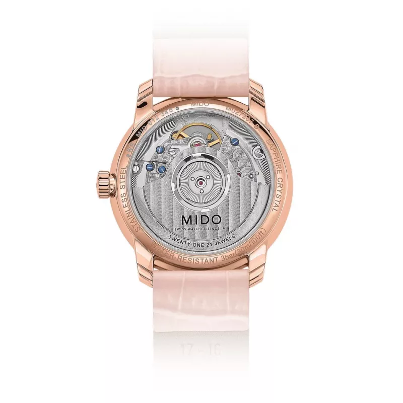 MIDO Baroncelli III Lady automatinis laikrodis 33mm rožinio aukso PVD nerūdijantis plienas sidabrinis ciferblatas ruda odinis dirželis M027207360100