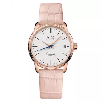 MIDO Baroncelli III Lady automatinis laikrodis 33mm rožinio aukso PVD nerūdijantis plienas sidabrinis ciferblatas ruda odinis dirželis M027207360100