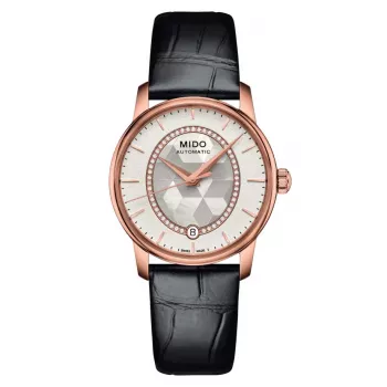 MIDO Baroncelli III Lady automatinis laikrodis 33mm rožinio aukso PVD baltas perlamutrinis ciferblatas deimantiniai žymekliai baltas odinis dirželis