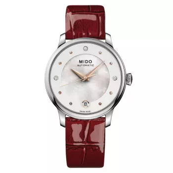 MIDO Baroncelli III Lady automatinis laikrodis 33mm baltas perlamutrinis ciferblatas odinis dirželis M039207161060