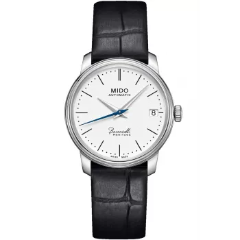 MIDO Baroncelli Lady automatinis laikrodis 33mm nerūdijantis plienas baltas ciferblatas juodas odinis dirželis M027207160100