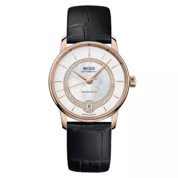 MIDO Baroncelli Signature Lady automatinis laikrodis 33mm rožinio aukso PVD nerūdijantis plienas ruda oda