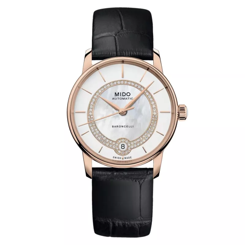 MIDO Baroncelli Signature Lady automatinis laikrodis 33mm rožinio aukso PVD nerūdijantis plienas ruda oda