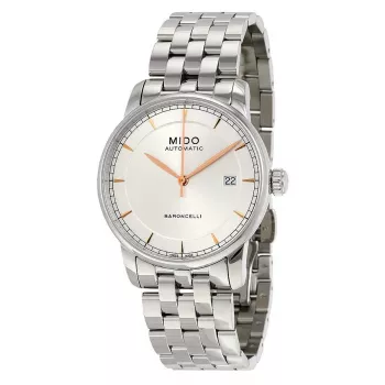 MIDO vyriškas automatinis laikrodis Baroncelli III 38mm sidabrinis ciferblatas rudos odos dirželis M86004101