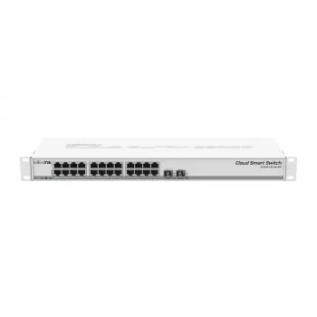 MikroTik CSS326-24G-2S+RM valdomas 2 sluoksnio jungiklis, 24x Gigabit Ethernet, 2x 10G SFP+, PoE įėjimas, 1U montavimui į stovą, baltas