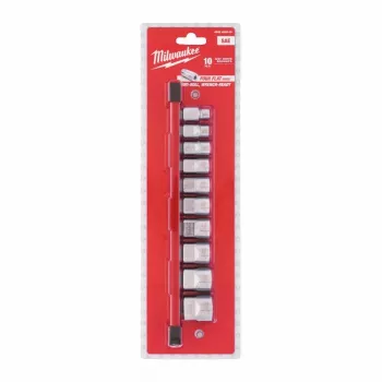 Milwaukee 10 dalių 3/8 inch pavaros imperinis lizdų rinkinys su FOUR FLAT™ anti-riedėjimo dizainu