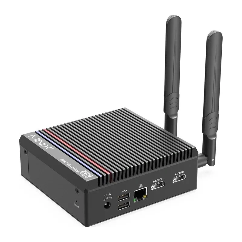 MINIX Z300-0dB Barebone Mini PC Intel Processor N300 8C/8T iki 3.8GHz DDR5 1x SODIMM M.2 PCIe Gen4 Wi-Fi 6E BT5.2 2x 2.5GbE HDMI 2.1 DP 1.4 USB-C 90W VESA Juoda