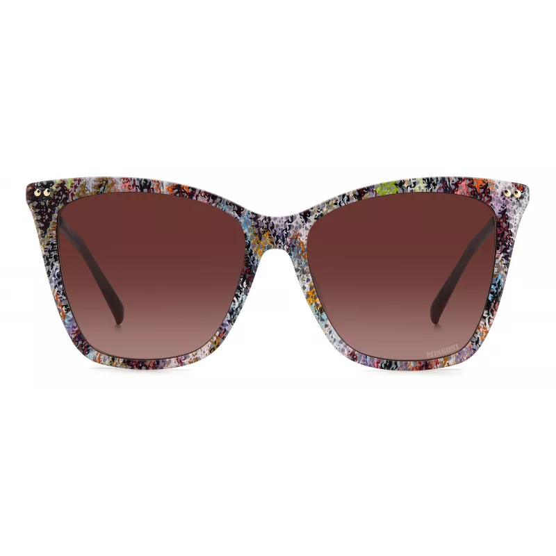 MISSONI Moteriški drugelio formos akiniai nuo saulės MIS0106SX193X - Rudi raštuoti acetatiniai rėmeliai, rudi gradientiniai lęšiai, UV400 apsauga