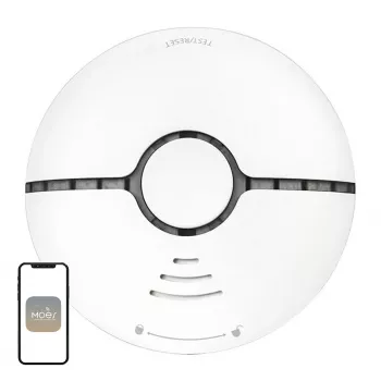 MOES WSS-S-SSD-A Wi-Fi fotoelektrinis dūmų detektorius su Tuya programėlės pranešimais, 85dB sirena, maitinamas CR123A baterija, veikia su Alexa ir Google Assistant, baltas